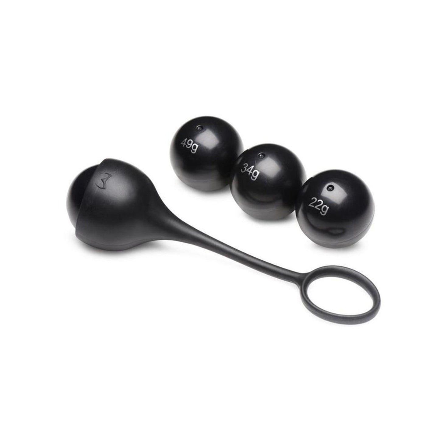 Master Series Cock Dangler Silicone Penis Strap with weights in black, featuring four steel weights and a stretchy silicone ring.

