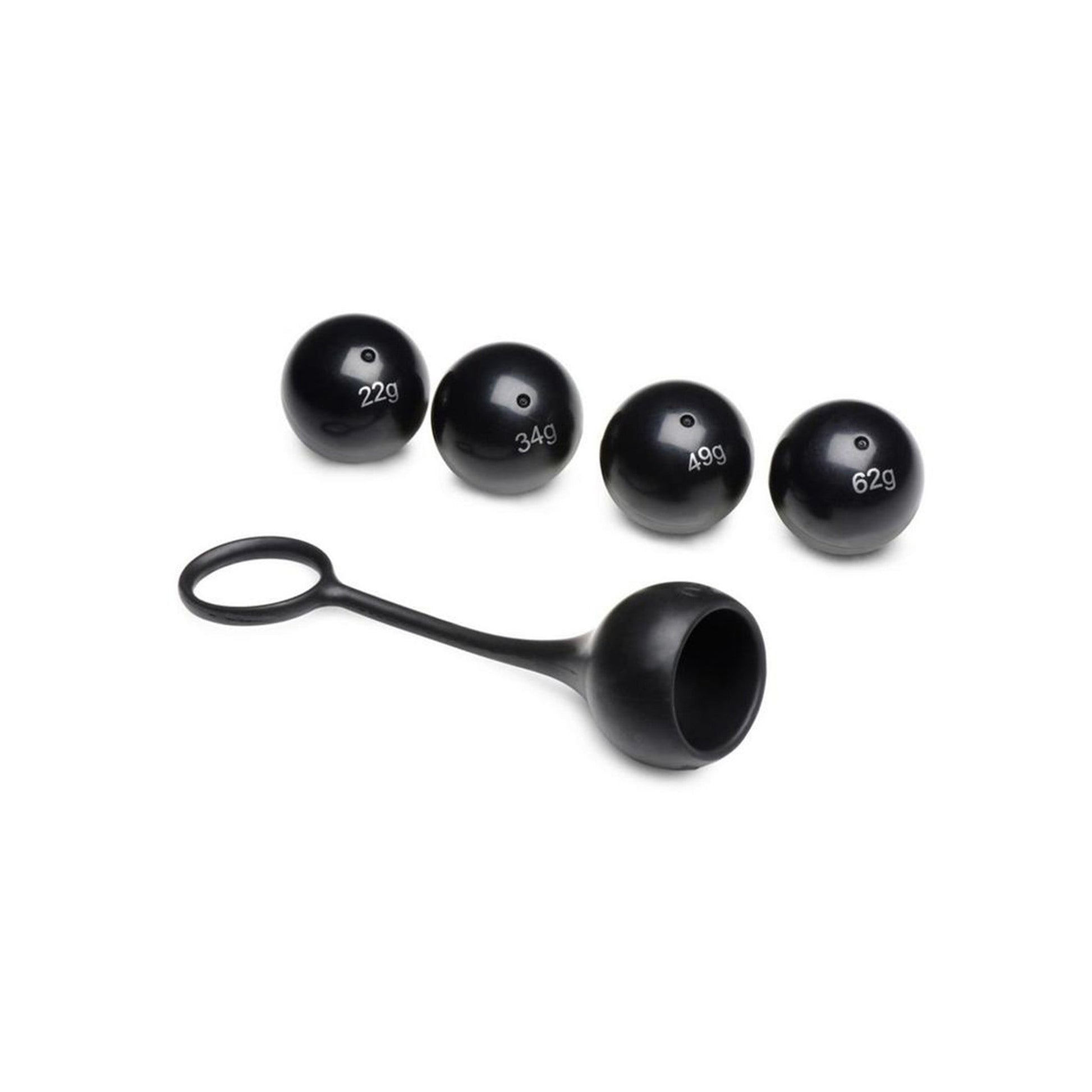 Master Series Cock Dangler Silicone Penis Strap with weights in black, featuring four steel weights and a stretchy silicone ring.

