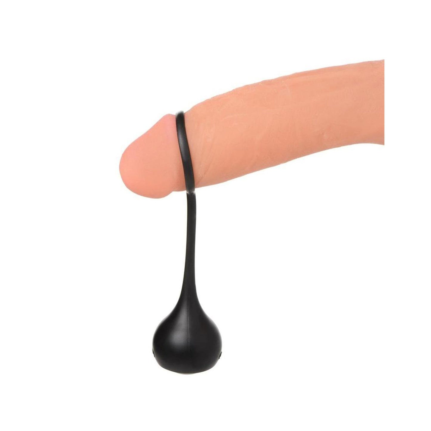 Master Series Cock Dangler Silicone Penis Strap with weights in black, featuring four steel weights and a stretchy silicone ring.

