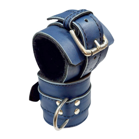 Buckle  Grain Leather Fleece Lining Wrist Restraints Blue