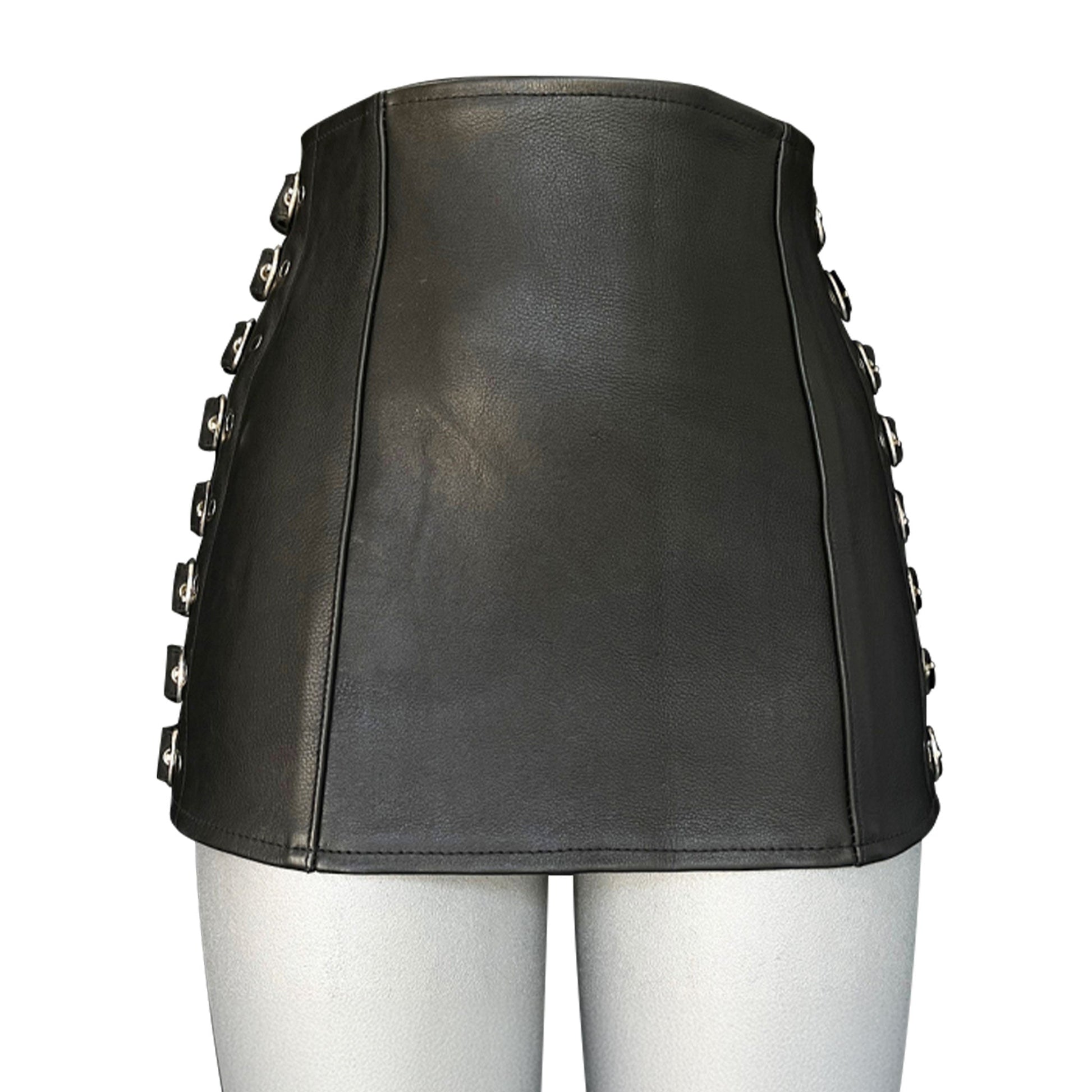 Leather skirt mini mini-skirt miniskirt side buckles adjustable fetish fashion kinky black