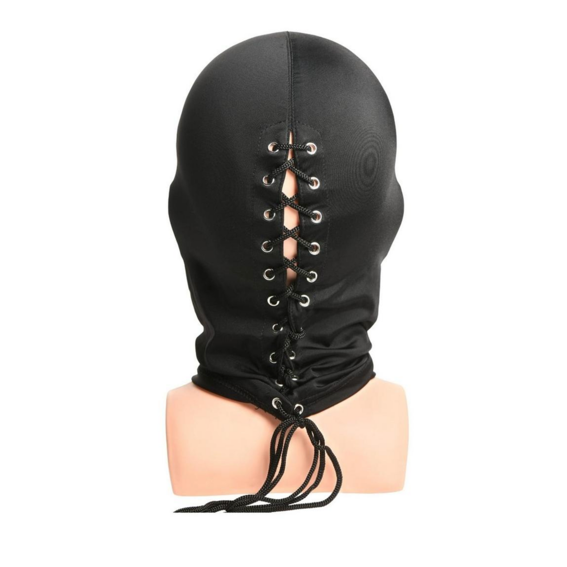 Cocksucker hood black blindfold open mouth lace adjustable kink.