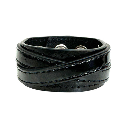 Leather patent bracelet wrist band wristband crossed strap layered snap-button press-button accessories arm-gear black