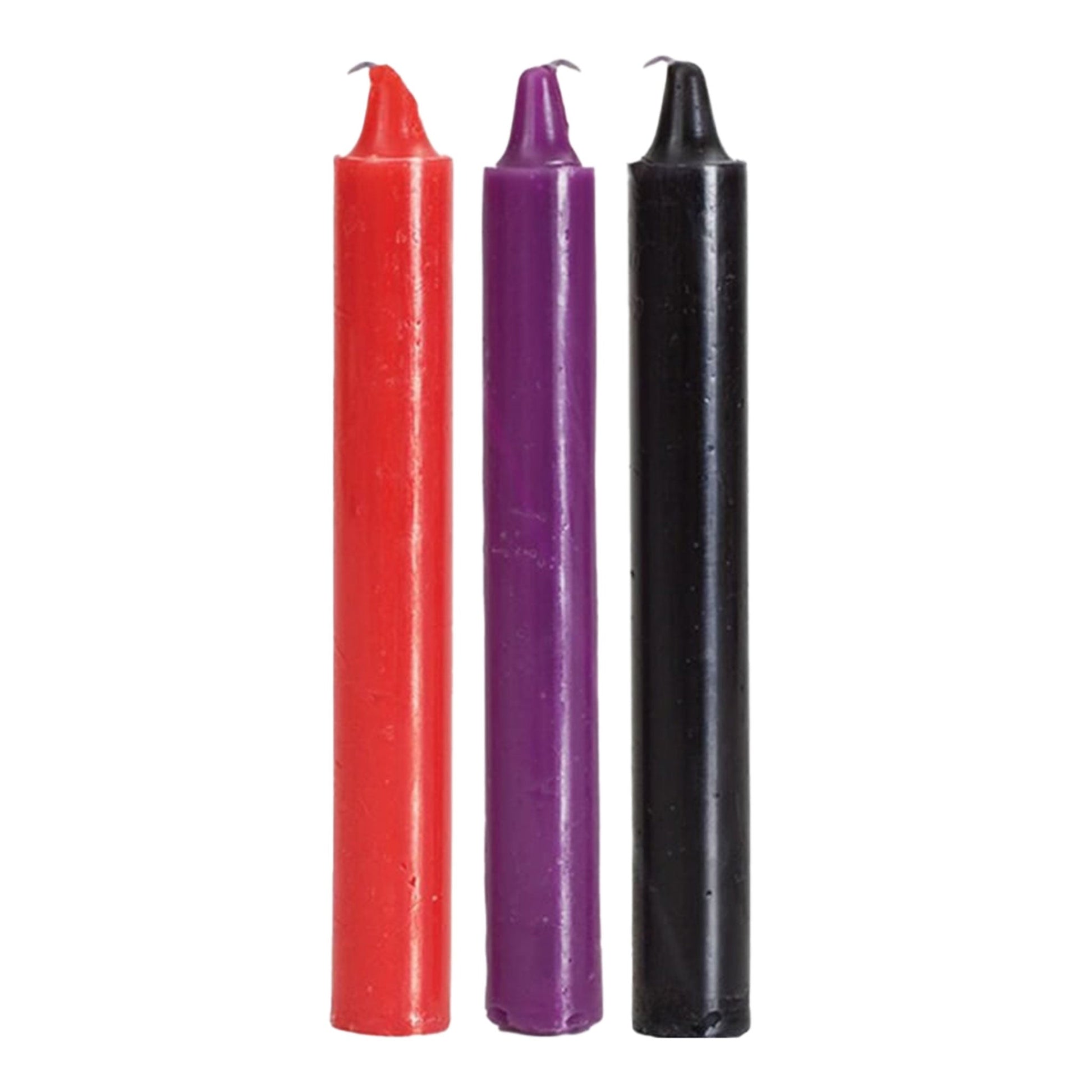 Japanese Drip Candles 3 Pack in red, purple, and black; sensual low-temperature paraffin wax candles for dramatic wax drips, perfect for kinky play and adding excitement to bedroom activities