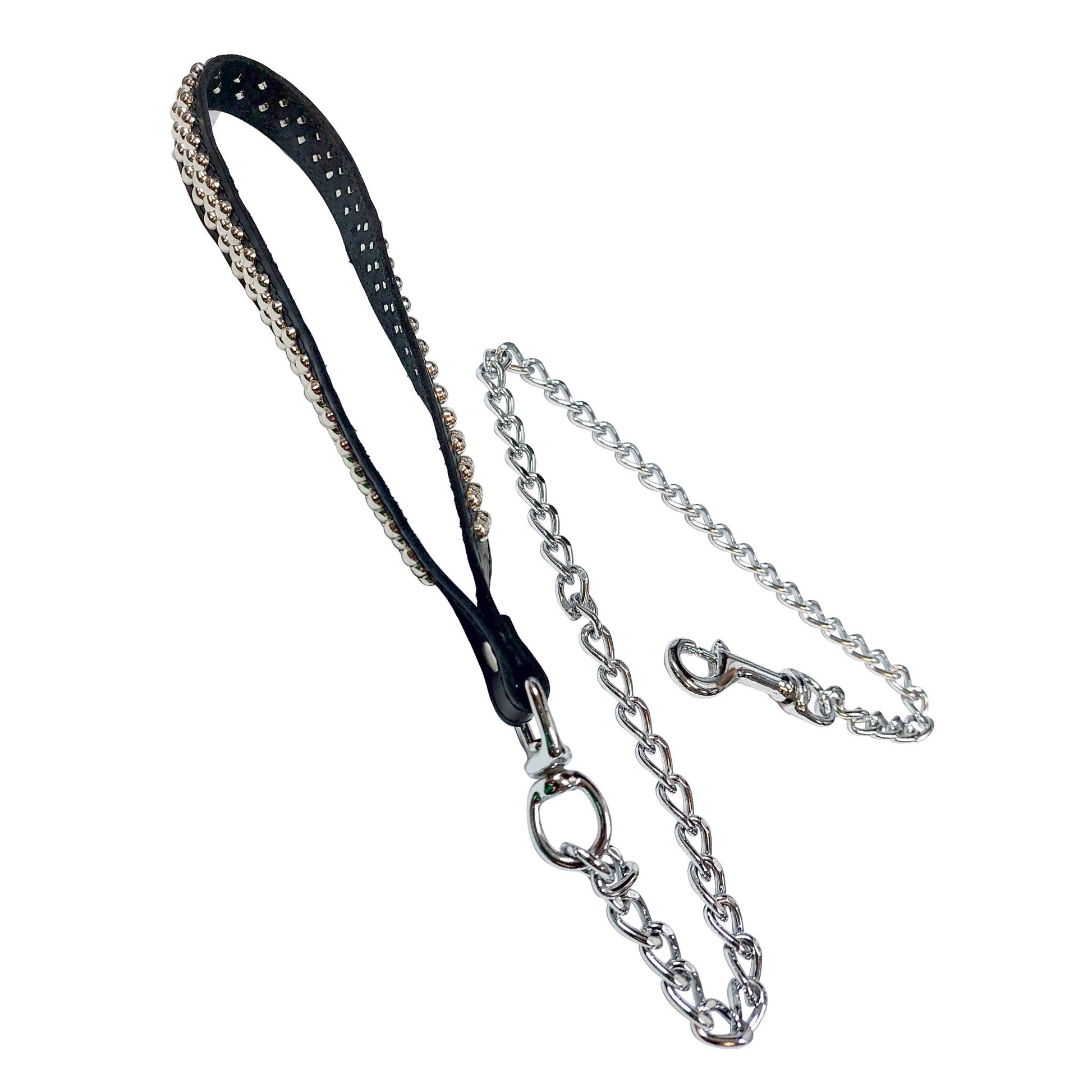 Genuine leather metallic chain leash leads spring clip swivel studded dot stud 3-spot triple-dot pet-play bdsm bondage accessories adult-toys kinky-play black