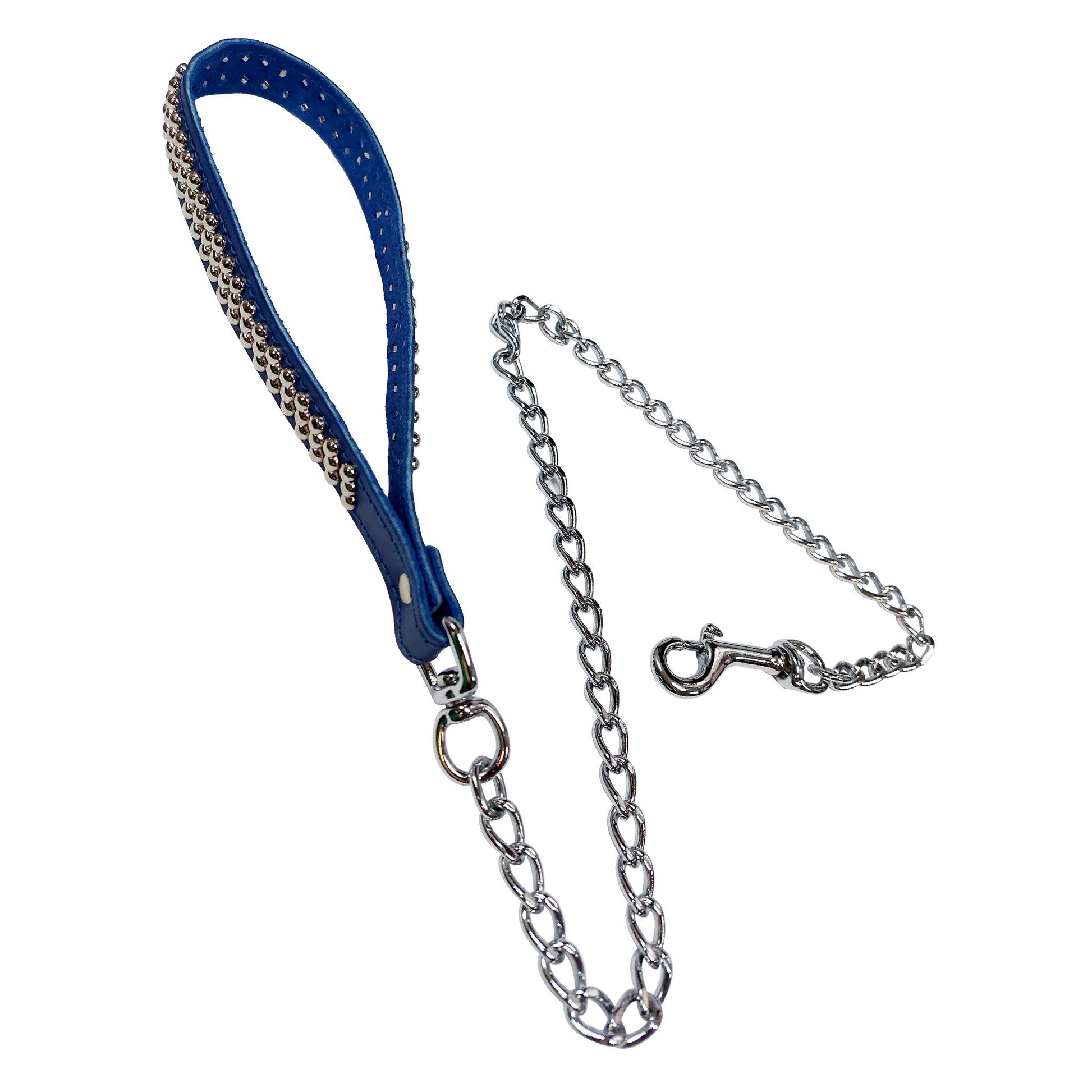 Genuine leather metallic chain leash leads spring clip swivel studded dot stud 3-spot triple-dot pet-play bdsm bondage accessories adult-toys kinky-play blue