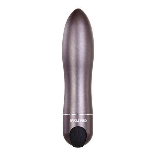 Travel Gasm Rechargeable Bullet in gun metal; features 10 vibration speeds, LED button, completely submersible; dimensions: 3.6 inches high x 0.85 inches diameter; comes with a faux leather carrying case measuring 4.56 inches high x 1.48 inches deep x 2.46 inches wide.