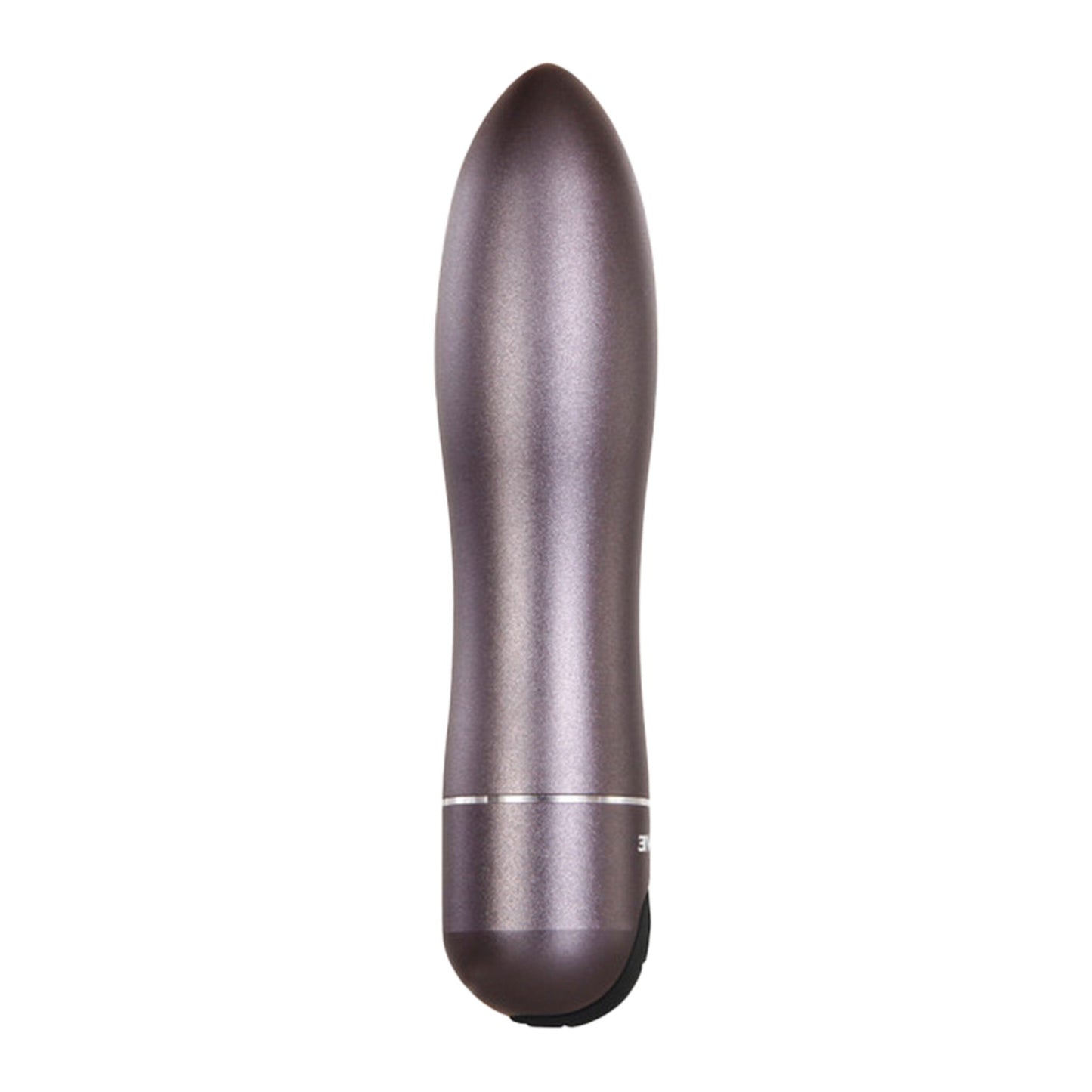 Travel Gasm Rechargeable Bullet in gun metal; features 10 vibration speeds, LED button, completely submersible; dimensions: 3.6 inches high x 0.85 inches diameter; comes with a faux leather carrying case measuring 4.56 inches high x 1.48 inches deep x 2.46 inches wide.