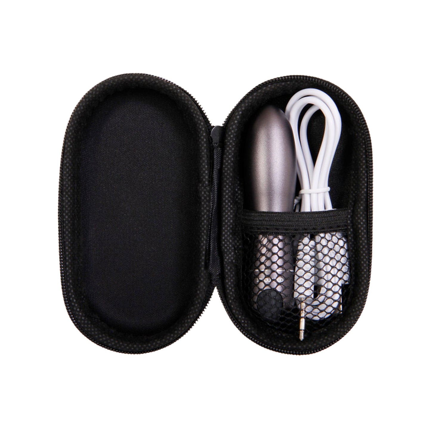 Travel Gasm Rechargeable Bullet in gun metal; features 10 vibration speeds, LED button, completely submersible; dimensions: 3.6 inches high x 0.85 inches diameter; comes with a faux leather carrying case measuring 4.56 inches high x 1.48 inches deep x 2.46 inches wide.