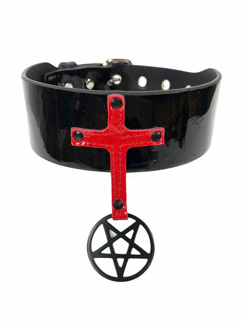 Black Patent Pentagram Red Cross Choker