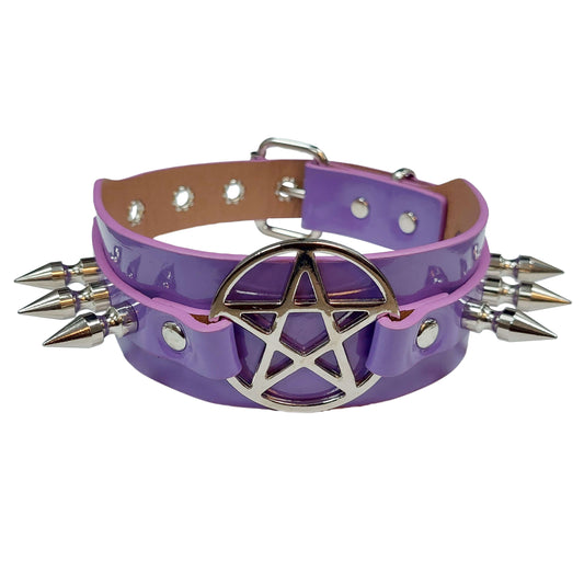 Wide PVC Double layer Spiked Pentagram Bondage Collar