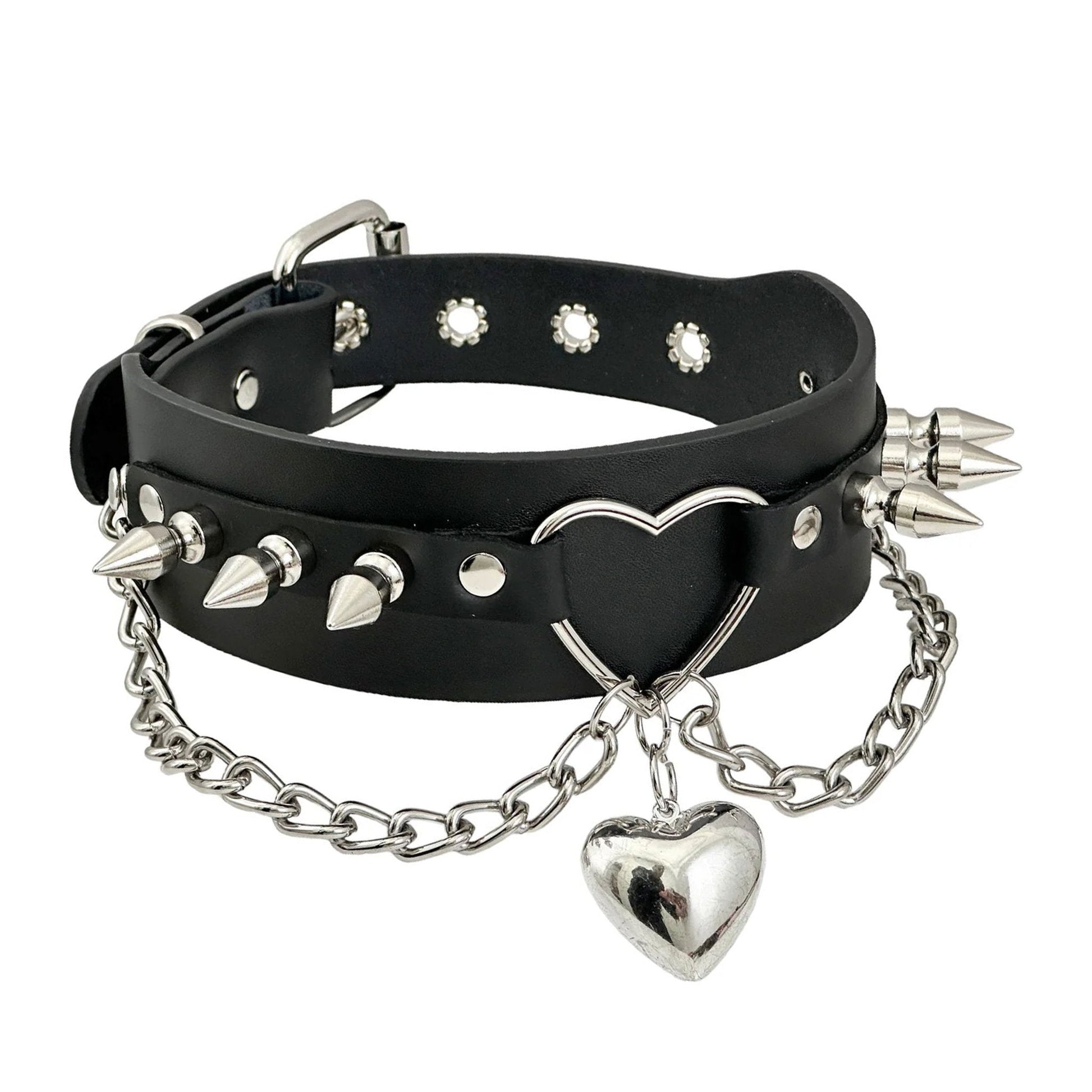 Genuine leather double-layer choker collar puffy heart pendant O-ring spikes hanging chains alt-fashion punk goth accessories black