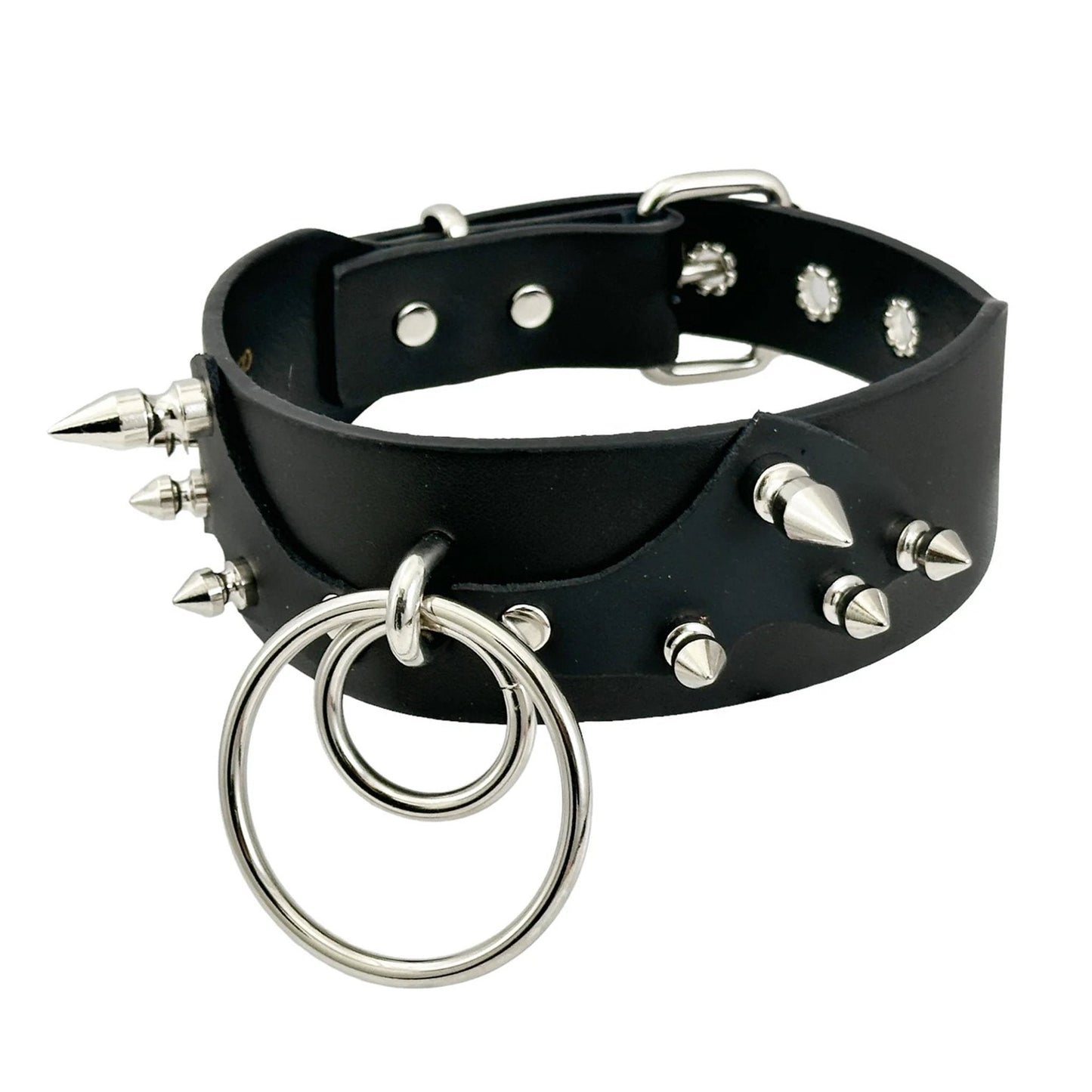 Genuine leather choker collar bat patch spikes double O-ring bdsm bondage accessories black