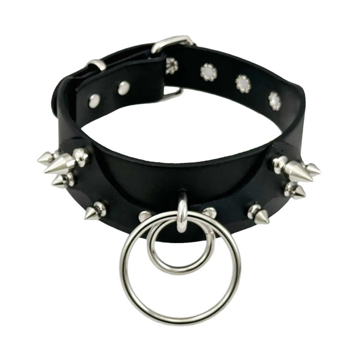 Genuine leather choker collar bat patch spikes double O-ring bdsm bondage accessories black