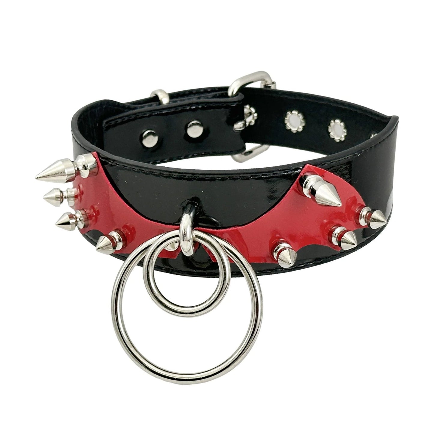 Patent leather choker collar bat patch spikes double O-ring bdsm bondage accessories red