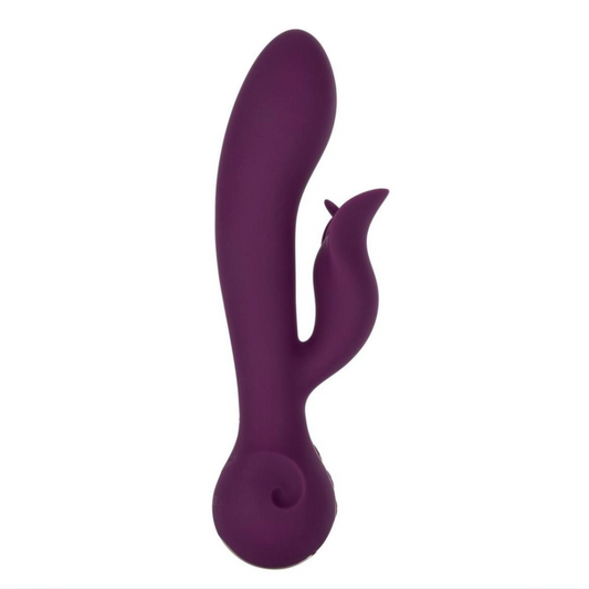 Purple rabbit vibrator with smooth shaft, dual motors, and waterproof design.