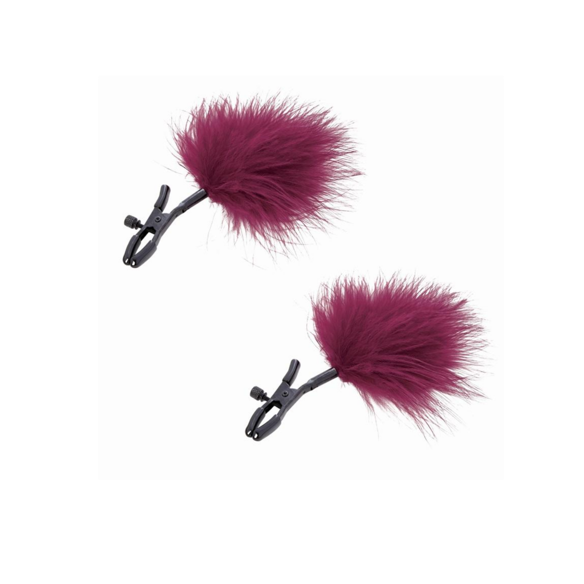 Adjustable feather nipple clamps, red/black design, removable tips, fetish accessory.