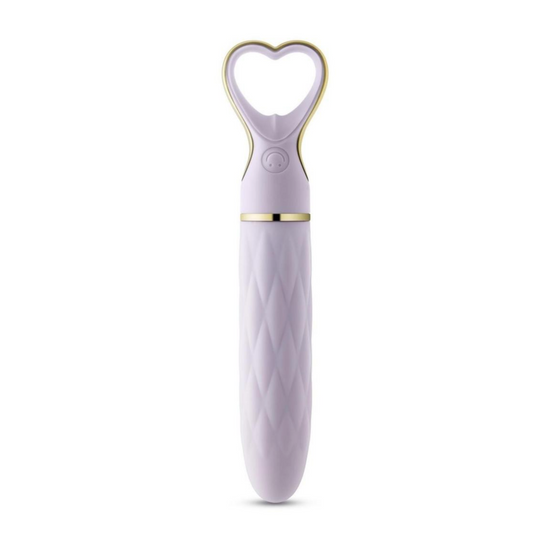 Lavender silicone vibrator, heart-shaped handle, 10 modes, waterproof, travel-friendly.