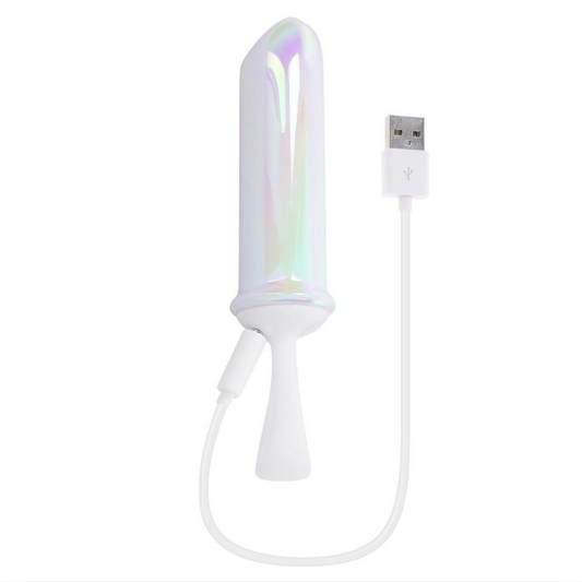 Iridescent silicone vibrating bullet with 9 speeds, tapered tip, and finger loop for easy control.