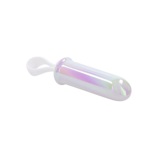 Iridescent silicone vibrating bullet with 9 speeds, tapered tip, and finger loop for easy control.