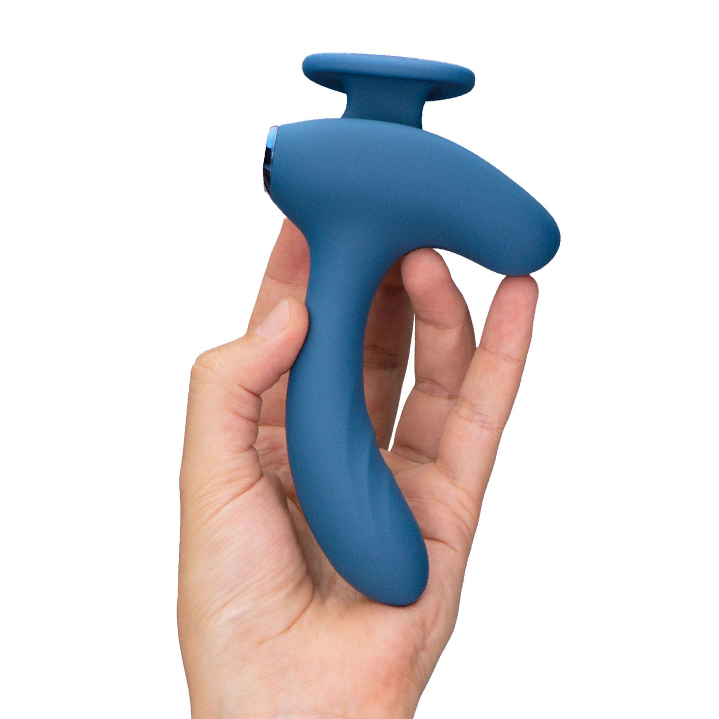 Blue Finger Grip Holder Rechargeable Prostate Massager with ergonomic finger grip design, USB rechargeable, waterproof, featuring a curved tip for precise prostate stimulation and multiple vibration speeds.