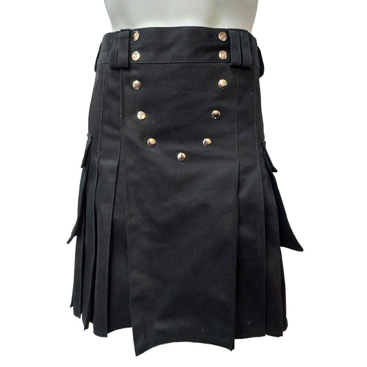 Cotton twill garment kilt knee-high skirt pleated side pockets snap-button press-button snap press button gothic goth celtic celt gaelic highlander scottish black