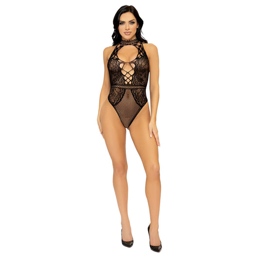 Halter Scalloped Fishnet & Lace Lace Up Back Bodysuit O/S