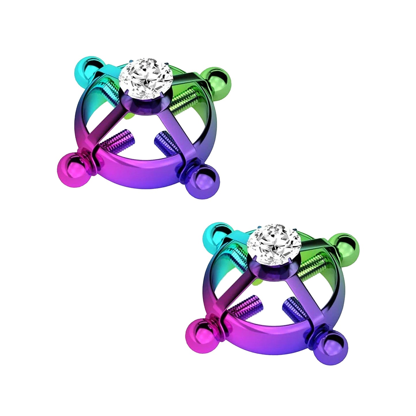 Stainless steel screw  nipple clamp play jewelry rhinestone cubic zirconia rainbow