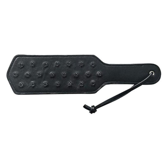 Black leather paddle with metal spikes for intense impact play, durable real leather