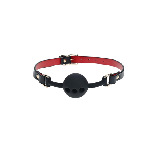 Milan Silicone Ball Gag with black and red bonded leather straps for stylish intimate play.