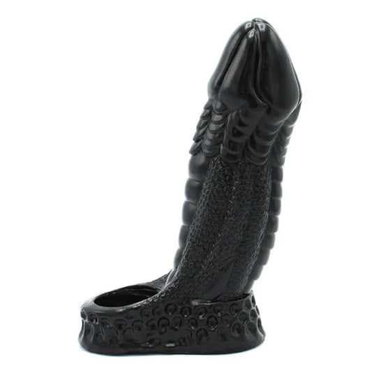 Silicone dildo dong cock sleeve cock-sleeve ball stretcher hole textured interior exterior scaled scaly unique adult-toys cock ball cnb black