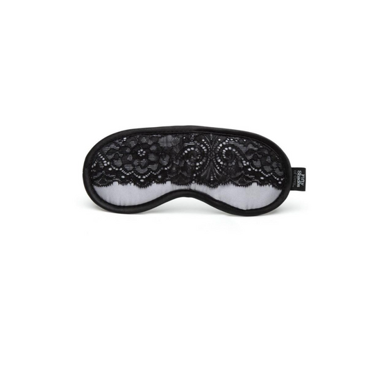 Satin and lace blindfold, silver with black lace detailing.