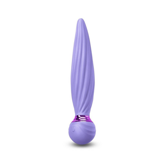 Purple Pop Twist vibrator wand, gyrating shaft, rumbling vibrations, water-resistant, 5.04-inch insertable length.