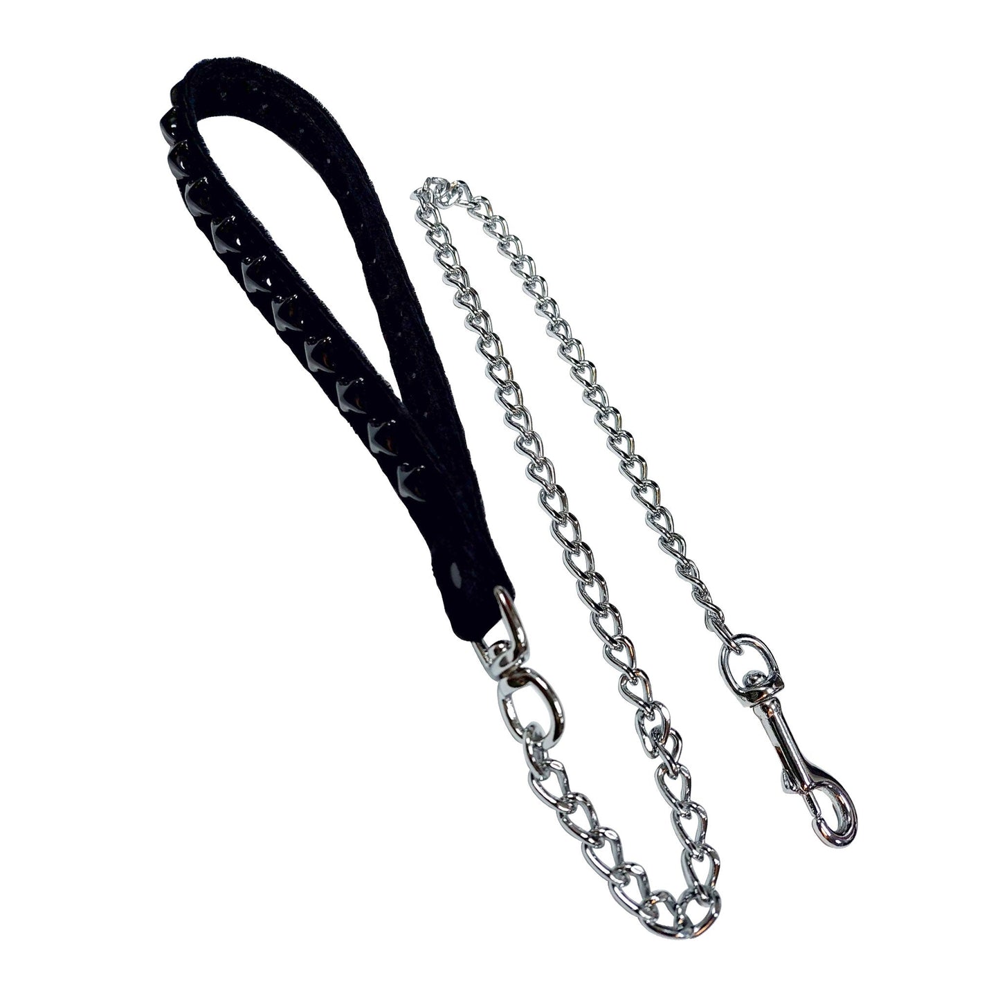 Metallic chain leash lead velvet handle loop studs studded pyramid spring clip swiveling swivel bondage bdsm fetish-fashion kinky-play pet-play adult-toys black