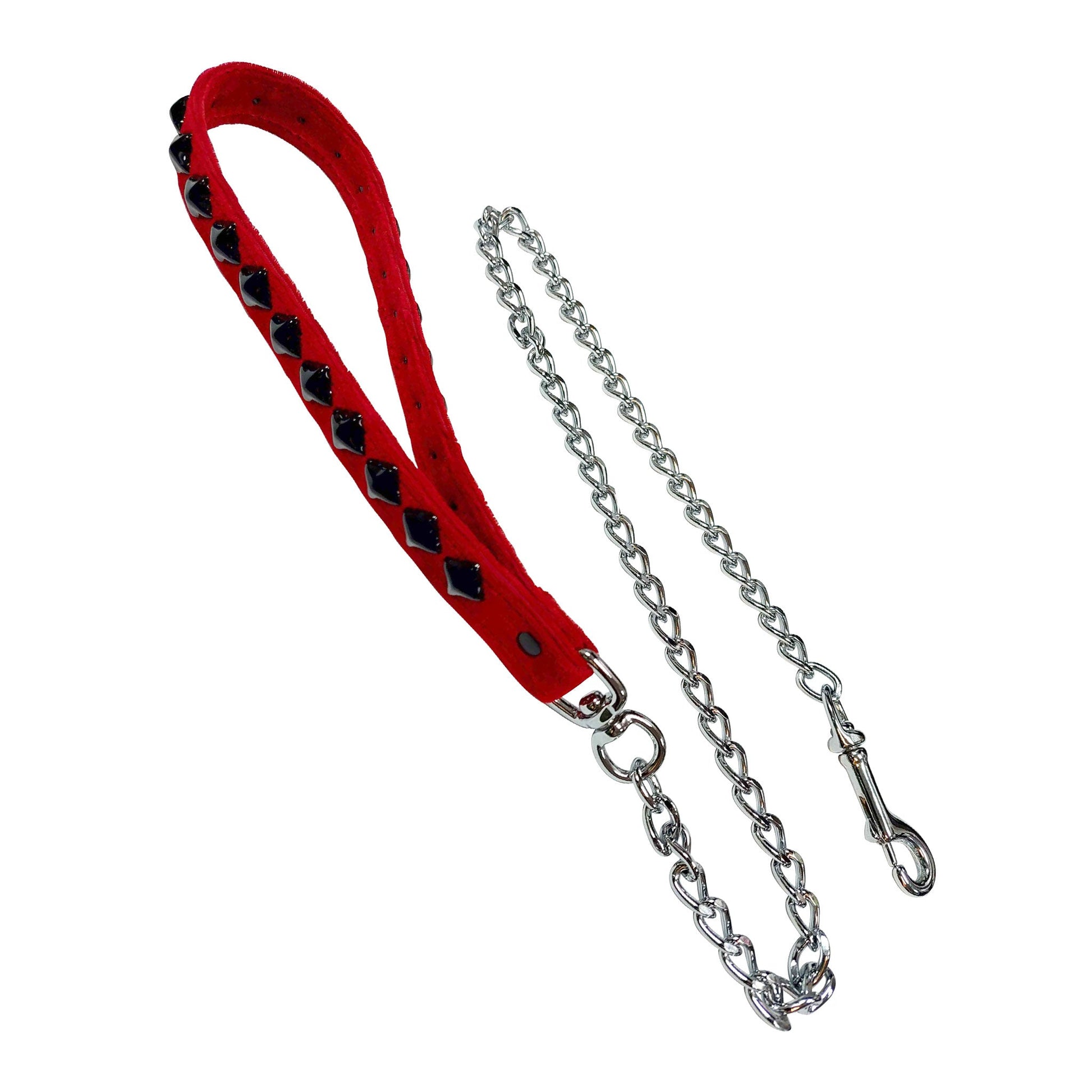 Metallic chain leash lead velvet handle loop studs studded pyramid spring clip swiveling swivel bondage bdsm fetish-fashion kinky-play pet-play adult-toys red black