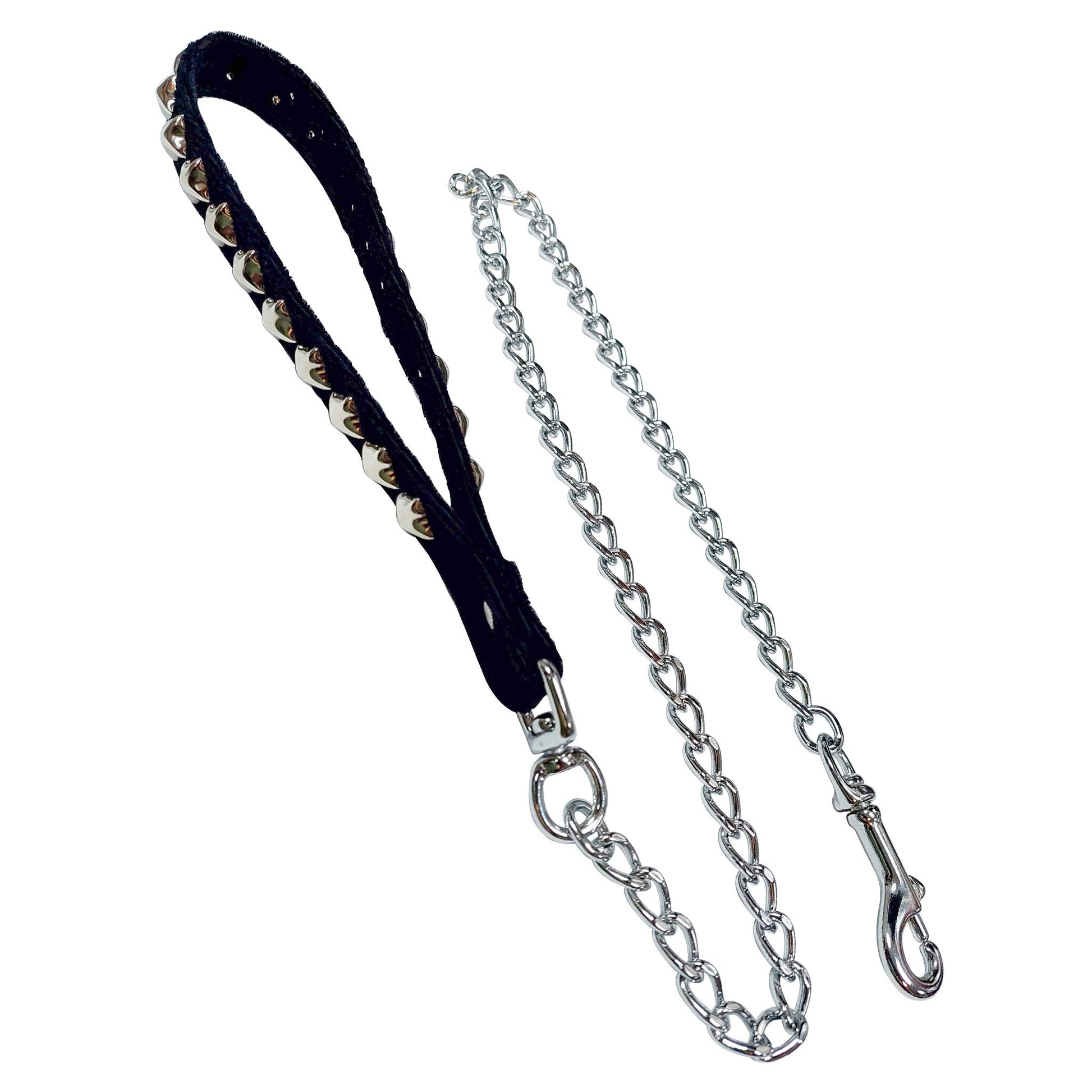 Metallic chain leash lead velvet handle loop studs studded pyramid spring clip swiveling swivel bondage bdsm fetish-fashion kinky-play pet-play adult-toys black silver