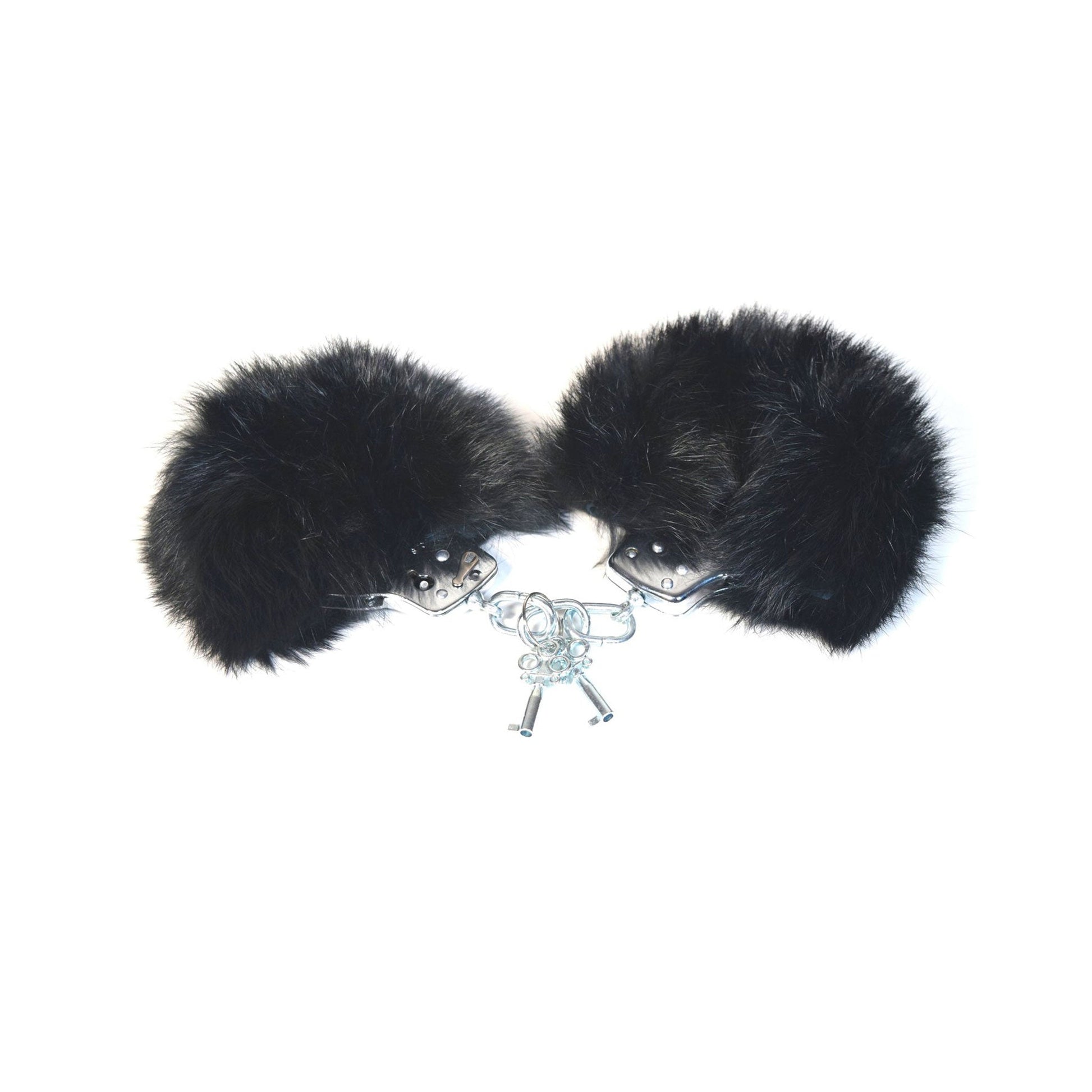 Stainless steel handcuffs genuine rabbit fur matching keys black