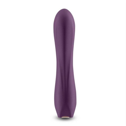 Purple plush silicone vibrator, powerful vibrations, rechargeable, water-resistant, 5.31-inch insertable length.