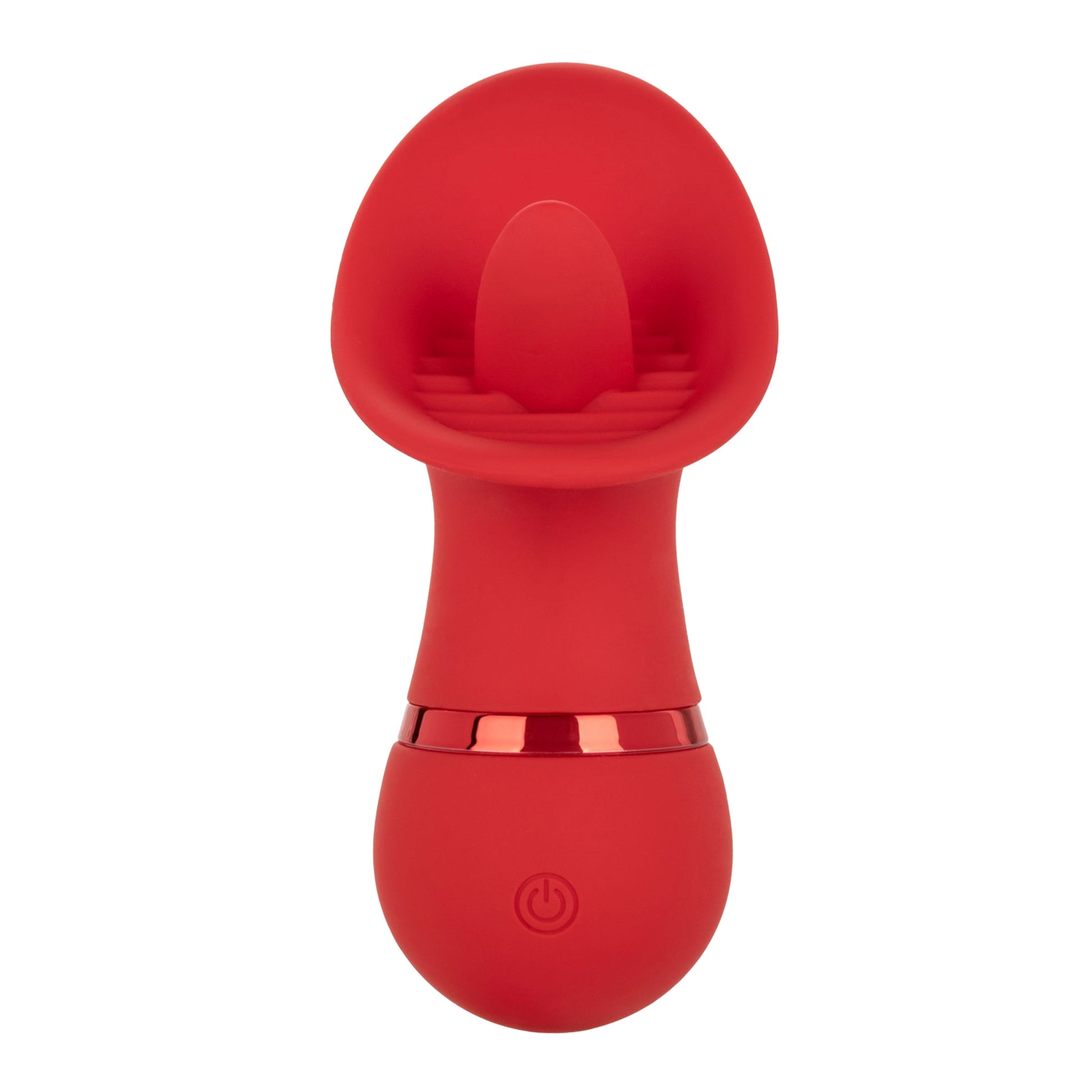 French Kiss Seducer Rechargeable Silicone Clitoral Stimulator in red with a tongue-like tip, compact size, and 12 vibration functions. Waterproof and rechargeable.