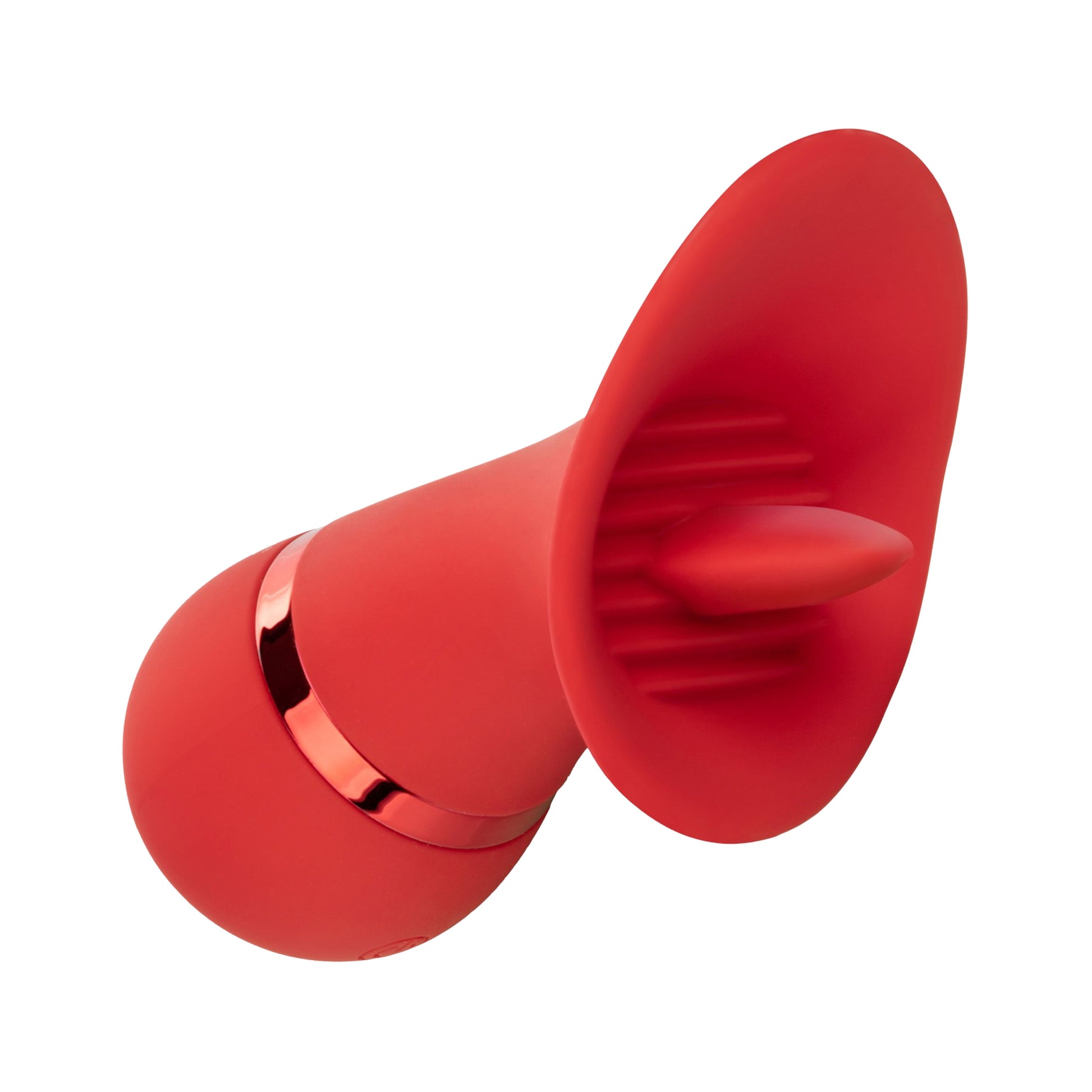 French Kiss Seducer Rechargeable Silicone Clitoral Stimulator in red with a tongue-like tip, compact size, and 12 vibration functions. Waterproof and rechargeable.