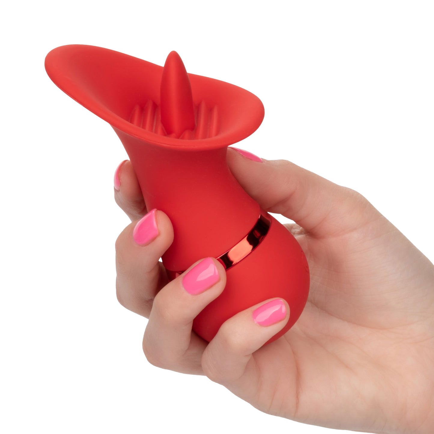 French Kiss Seducer Rechargeable Silicone Clitoral Stimulator in red with a tongue-like tip, compact size, and 12 vibration functions. Waterproof and rechargeable.