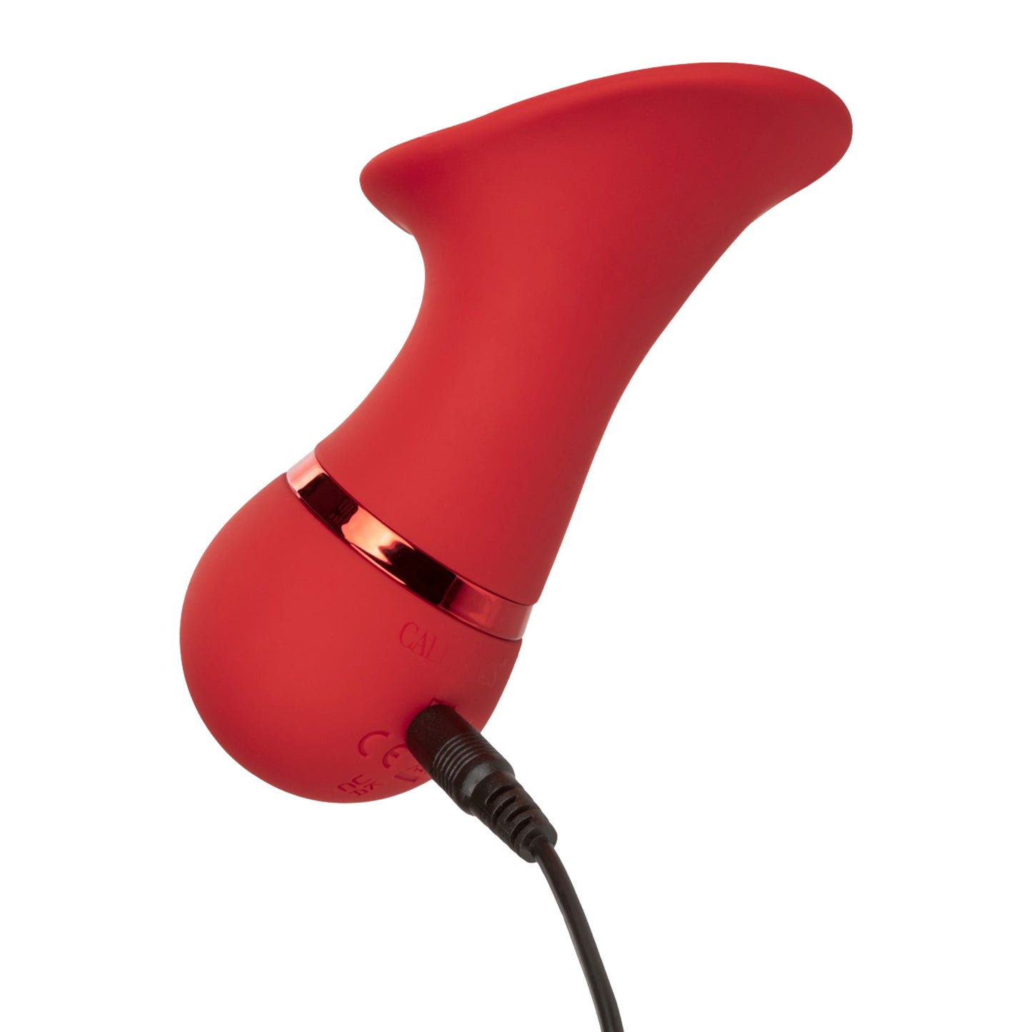 French Kiss Seducer Rechargeable Silicone Clitoral Stimulator in red with a tongue-like tip, compact size, and 12 vibration functions. Waterproof and rechargeable.