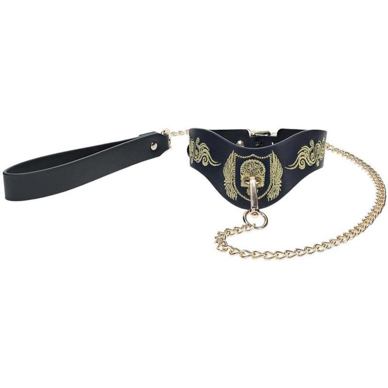 London gold embroidery collar leash black, bondage collar, dark fetish accessory