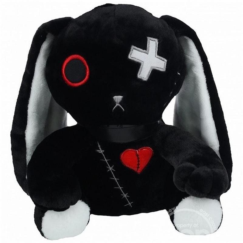 Cross eye psych black plush bunny, quirky bunny toy, playful accessory, cute plush