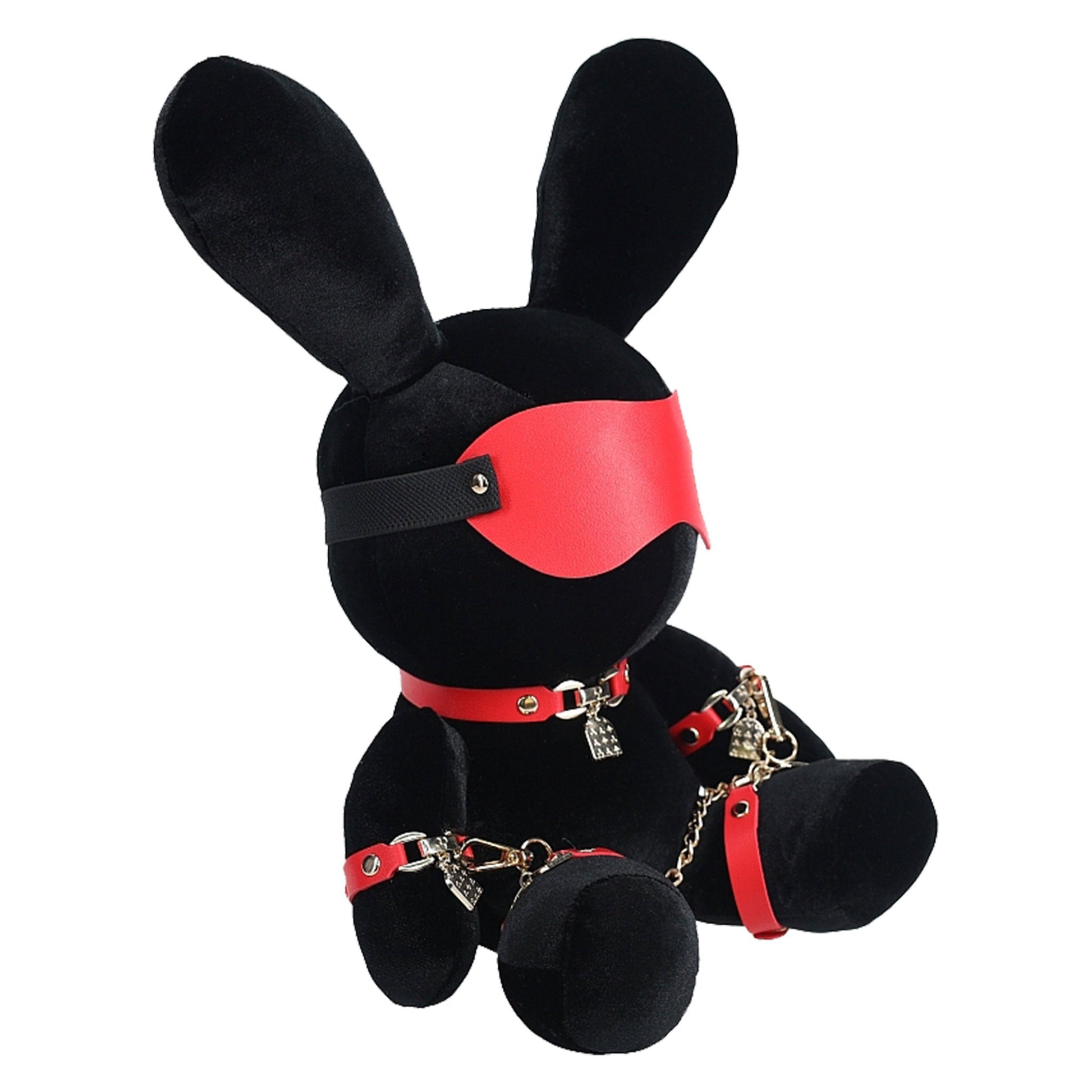 Plush velvet stuffed animal bunny cotton filling polypropylene PU polyurethane leather bondage bdsm chains collar cuffs blindfold snap-button push-button gift black red