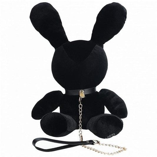 Black velvet bondage bunny with leash, plush bunny toy, bondage accessory, playful kink