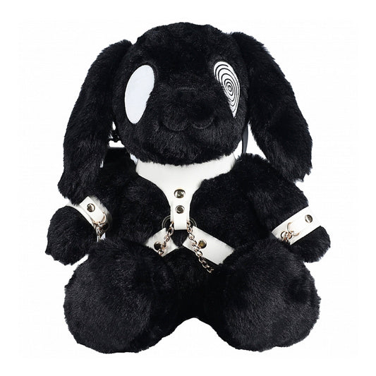 Short plush plushie luggage bag backpack stuffed cotton bunny psych psycho PU leather straps adjustable bondage bdsm kink edgy unique spacious interior accessories gift black white