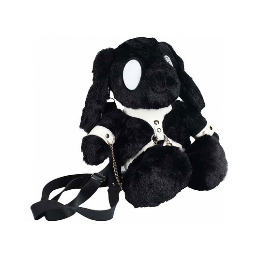 Short plush plushie luggage bag backpack stuffed cotton bunny psych psycho PU leather straps adjustable bondage bdsm kink edgy unique spacious interior accessories gift black white