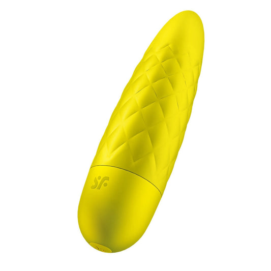 Satisfyer Power Bullet 5 Vibrator | Yellow vibrator, clitoral stimulation, soft silicone, 12 programs, compact design, beginner-friendly, intense pleasure, quilted surface, rechargeable adult toy, skin-friendly material, sensual experience, discreet, travel-friendly.