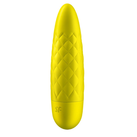 Satisfyer Power Bullet 5 Vibrator | Yellow vibrator, clitoral stimulation, soft silicone, 12 programs, compact design, beginner-friendly, intense pleasure, quilted surface, rechargeable adult toy, skin-friendly material, sensual experience, discreet, travel-friendly.